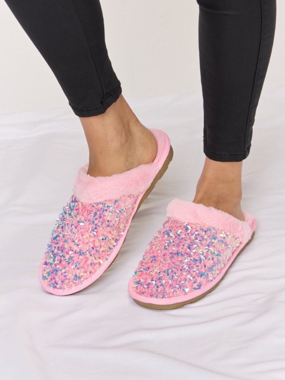 Pink Iridescent Sequin Slippers | Plush Open-Back Slides